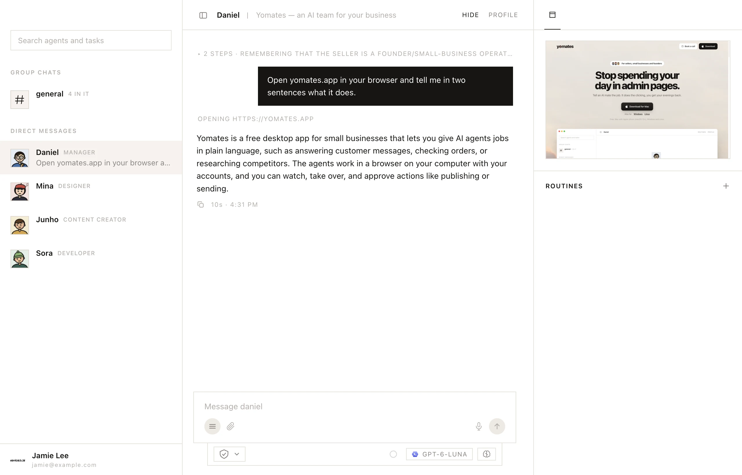 A chat with Daniel, his browser on the right