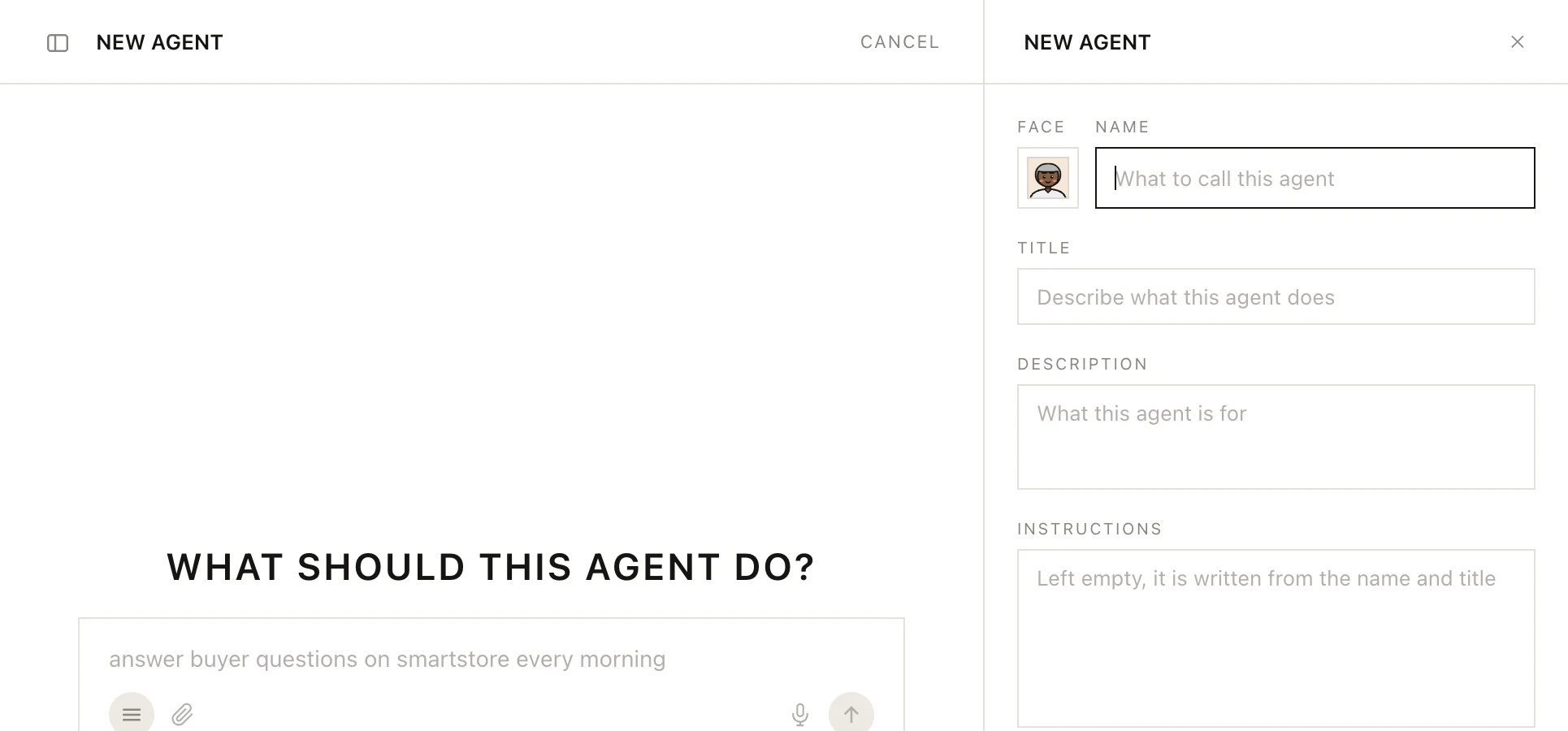 The new-agent screen