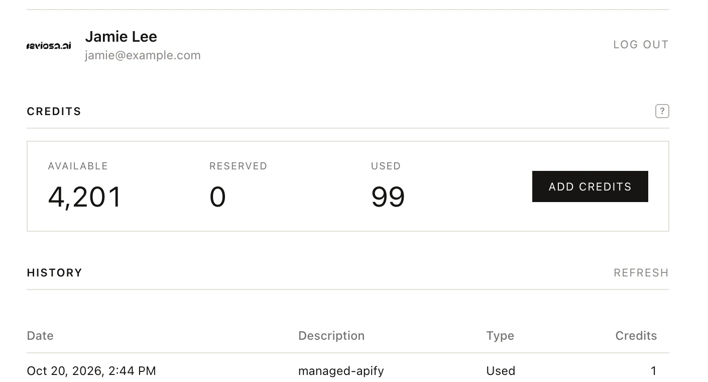 Settings, Account: your credits and their history