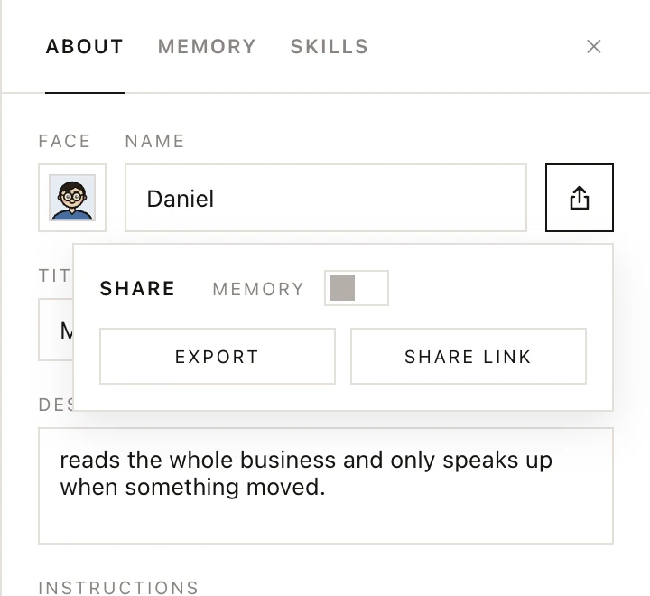 The share popup with EXPORT and SHARE LINK